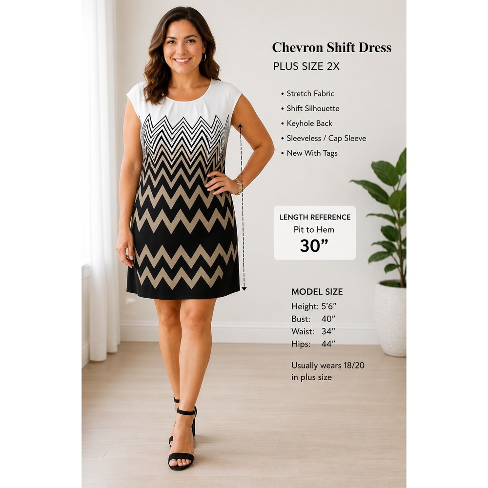 Chevron Shift Dress Plus Size 2X Black White Geometric Sleeveless Keyhole NWT